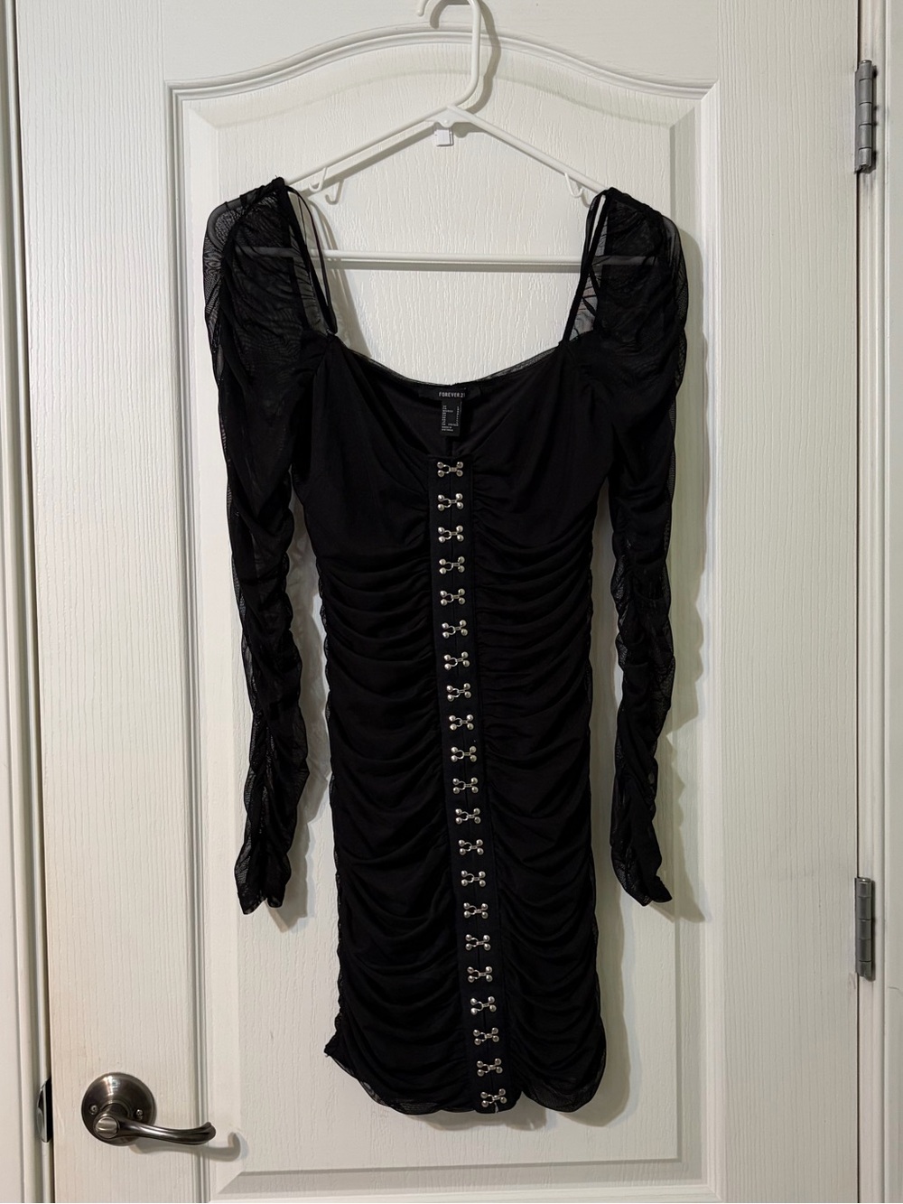 Forever 21 Black Ruched Long-Sleeve Bodycon Dress with Center Hook Detail